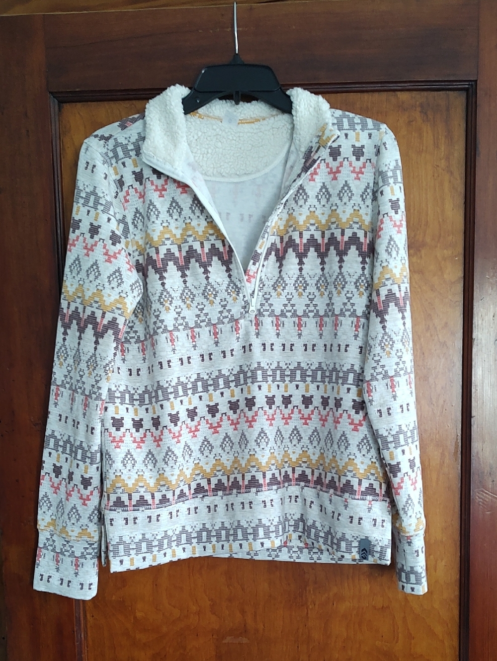 Free Country Cream Sherpa-Lined Pullover with Mustard, Coral & Gray Pattern